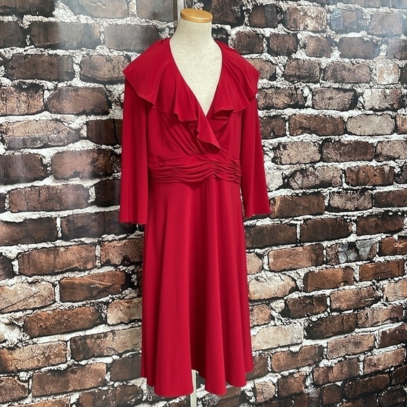 Evan-Picone Dress Women's 14 Red Long Sleeve A-Line Midi V-Neck Ruffles - Picture 8 of 16